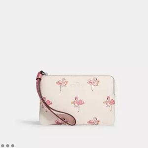 Coach Corner Zip Wristlet w/ Flamingo Print